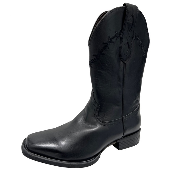 Black Leather Cowboy Cowgirl Western Barbed Wire Square Toe Treaded Work Boots - Picture 5 of 9